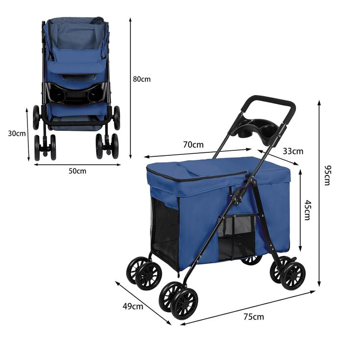 Дитяча коляска для тварин Homewell, складана, з сіткою, ременями та тримачем для напоїв, до 20 кг (блакитна)