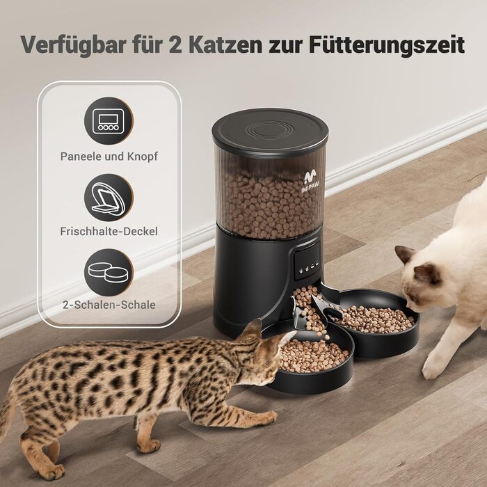 Автоматична годівниця для котів і собак IMIPAW 4L з WiFi 2.4G, керування через додаток, програмований диспенсер сухого корму, для 2 тварин, 1-10 прийомів їжі на день, із вологопоглиначем