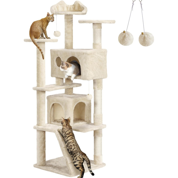 Кігтеточка велика Yaheetech 158 см, Кліматичний комплекс для котів з 3 платформами, 3 стовпчиками для шліфування, 2 будиночками, іграшками, бежевий, 49 x 49 x 158 см