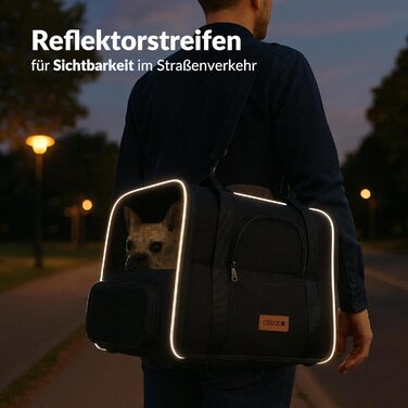 Транспортна переноска для котів CADOCA® до 20 кг, складна, з сонцезахисним дахом, ременем на плече, мискою, дихаюча, комфортна, з обертовим матрацом. Підходить для котів, собак, авто, чорного кольору.