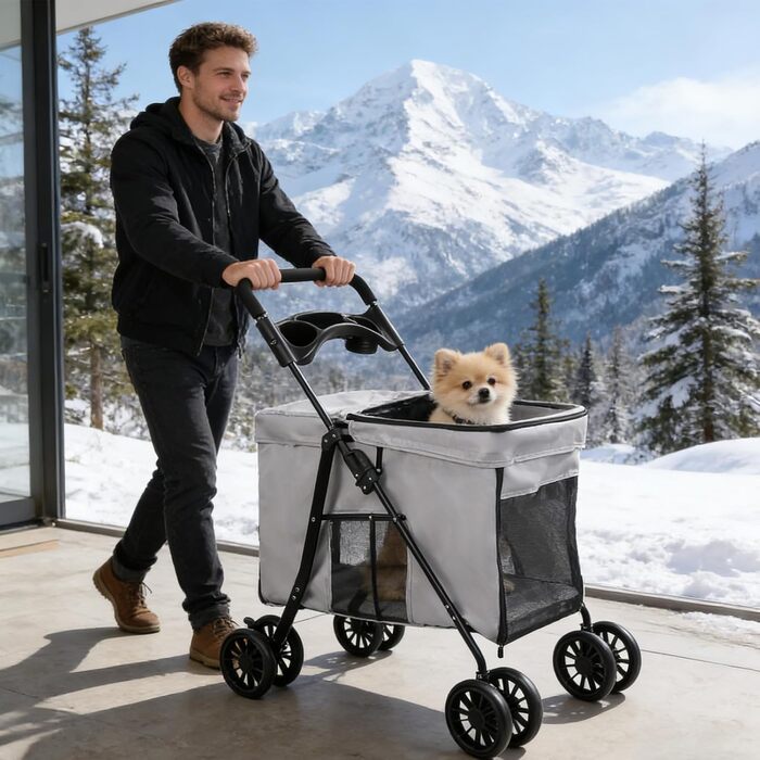Візок для тварин, бугі для собак та котів, складний, сірий. Міцний, водонепроникний, з дихаючим матеріалом, до 20 кг.