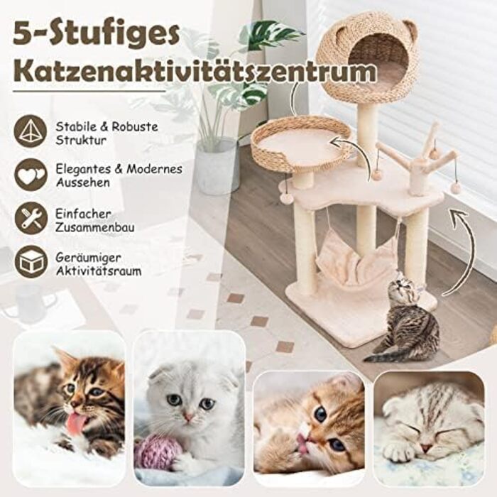 Кігтеточка FANTASK з будиночком, 121 см, кігтеточка з гамаком та 4 м'ячиками, ліжко для котів, кігтеточний комплекс