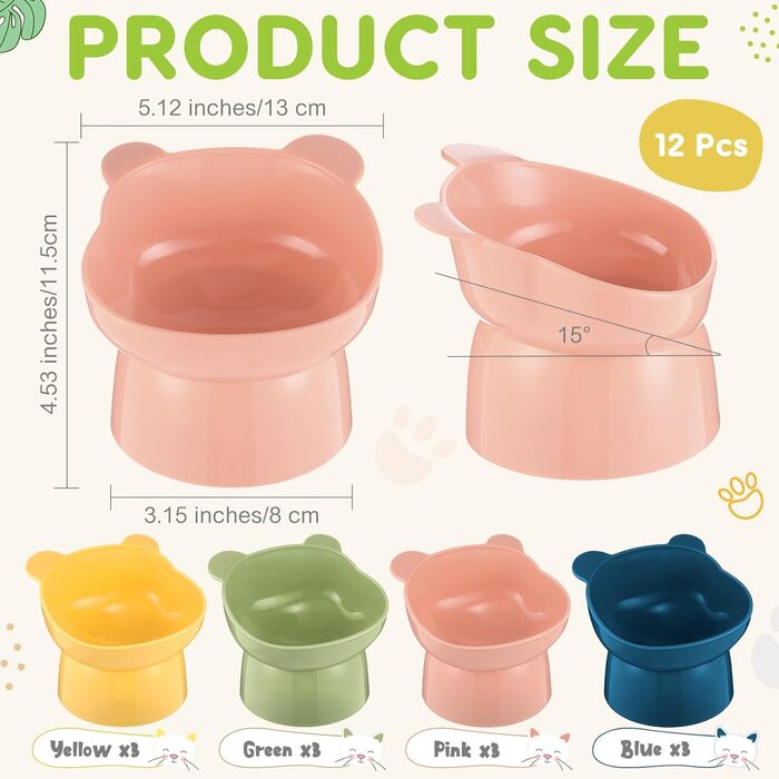 Набір мисок для котів Suclain з підняттям, форма ведмедика, анти-блювотні, для котів та маленьких собак, 12 шт.