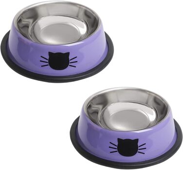 Набори мисок для котячого корму та води, нержавіюча сталь, з гумовим дном, фіолетовий, 2 шт.