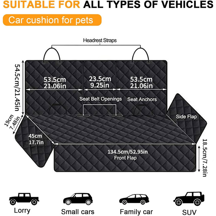 Захист для заднього сидіння авто для собак, водовідштовхувальний, з кріпленням для ременів безпеки, чорний