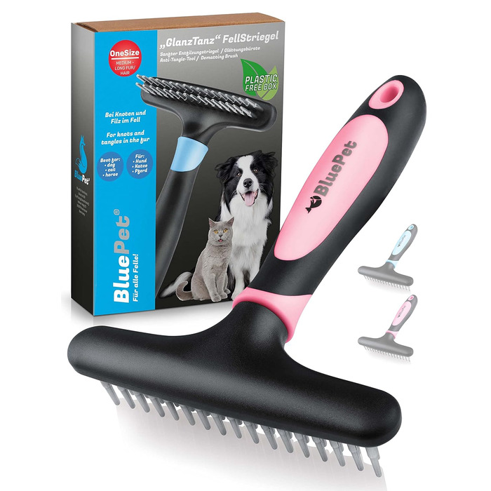 BluePet 2.0 Щітка для собак та котів з довгою шерстю, розпушувач, вичіска | Розпушує, вичісує, видаляє підшерстя | Дворядний гребінець преміум-якості (рожевий)