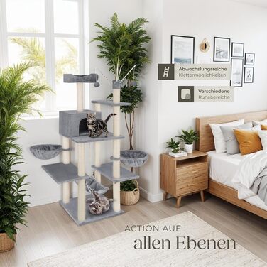 Дерево для котів tectake® XXL, велике, з лежаками, гамаком, будиночком, іграшками, мотузкою, стовпчиком для шліфування, чорний (сірий) - 165 см