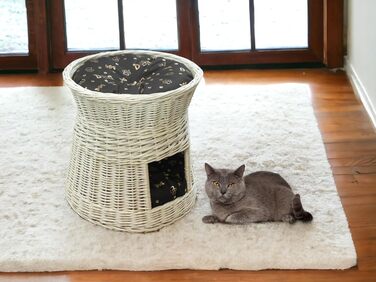 Кігтеточка-лежанка для котів: двоярусна хатинка з ротанга, 50 см, з подушкою (темно-коричнева)