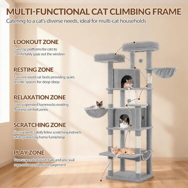 Котячий будиночок Kratzbaum Groß 216 см: великий, стабільний, з 2 печерами, 2 платформами, 2 кошиками та гамаком для дому. FPMS007FG1 (50x40x175 см, світло-сірий)