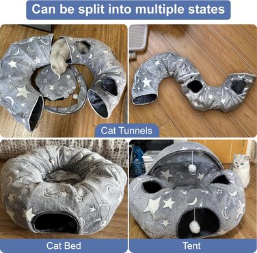 Кішка ліжко з підсвіткою, великий плюшевий тунель для котів з м'ячиком, велика шуршача печера для котів, іграшка для котів, кроликів або цуценят, сірий колір + світиться в темряві