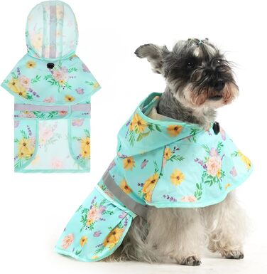 Дощовик для собак Kooltail з капюшоном, зелений (квітка), для маленьких та середніх собак, водонепроникний, з отвором для повідка