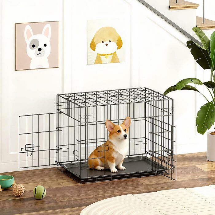 Клітка для собак BestOffice, складана, з 2 дверцятами, висувний піддон, ручка, переноска для собак, 61x42x48 см, S, чорна