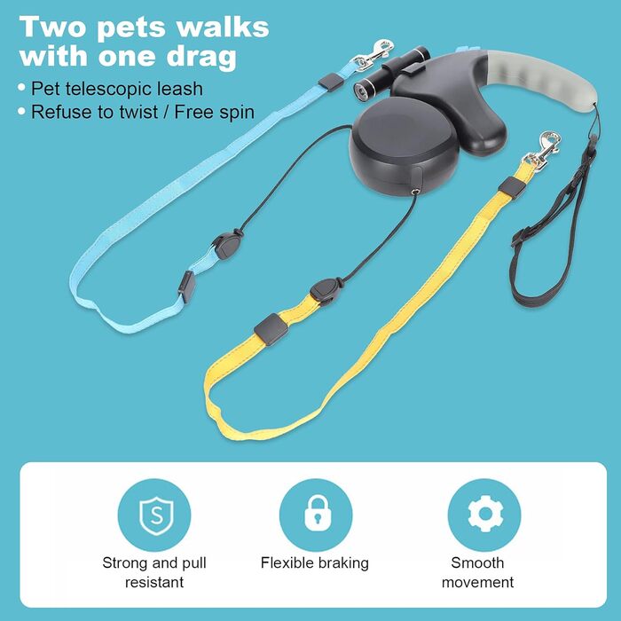 Подвійна собача шлейка, висувна шлейка з LED-підсвічуванням для двох собак, з фіксатором, регульована шлейка для домашніх тварин з двома головами, 9,8 футів, поворот на 360° без перекручування (Чорний)