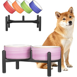 Керамічна годівниця для собак на підставці з нержавіючої сталі - подвійна годівниця для маленьких та середніх собак - неслизький набір мисок для корму та води - 350г / 660мл - 15см - (Фіолетовий)