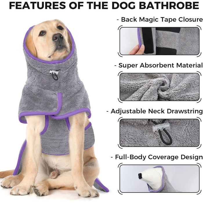 Рушник для собак, халат для собак маленьких, середніх та великих порід, швидковисихаючий рушник з мікрофібри, халат для собак з клямками та регульованими стяжками (XS, сірий)