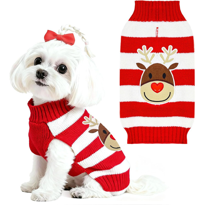 Пуловер для собак на Новий рік, теплий, м'який, осінньо-зимовий, з високим коміром, в'язаний, одяг для цуценят, милий олень, червоний, светри для собак, святковий, з короткими рукавами, (XXS (1-3 lbs), червоний/білий)
