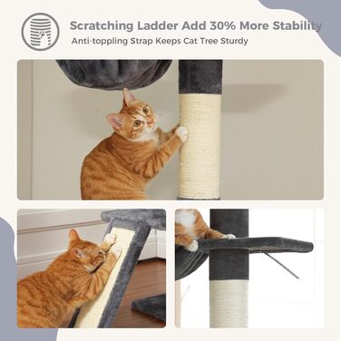 PAWZ Road Котячий драпак до стелі, регульований котячий комплекс 216-273 см з гамаком, будиночком і антиковзним ременем, темно-сірий