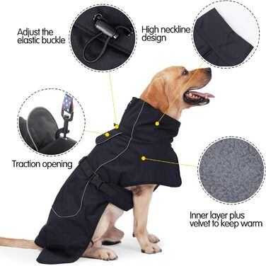 Водонепроникна куртка для собак Heywean з флісовою підкладкою, чорна, L. Тепла куртка для собак для холодної погоди, активного відпочинку та дому.