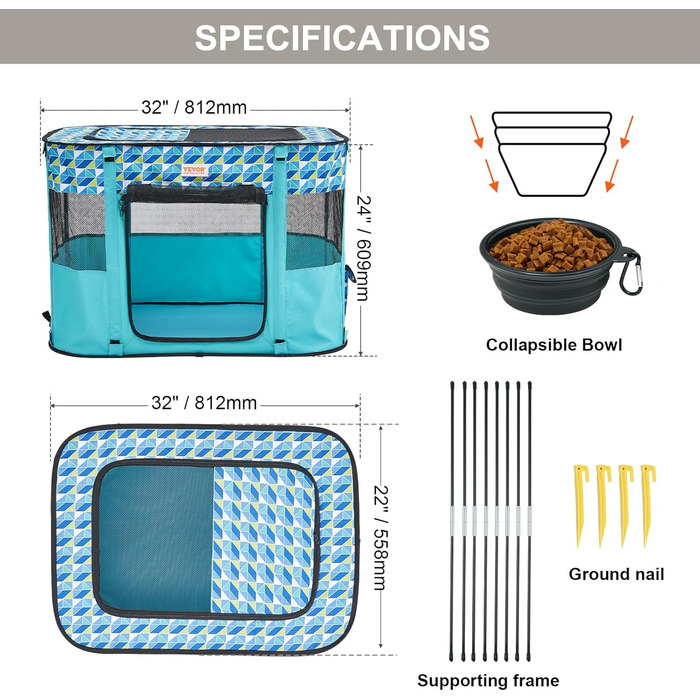 Клітка для цуценят VEVOR, розкладний вольєр для собак, 812 x 609 x 558 мм, з мискою, 600D Oxford, для малих та середніх тварин