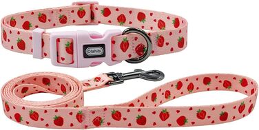 Нашийник та поводок для собак Olahibi Kombi-et, леопардовий принт, поліестер, 150 см, повід з панде, для маленьких собак (колір коричневий леопард), нашийник (M, набір сердечок та полуничок)