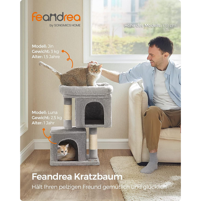Когтеточка для котів Feandrea, 67 см, будиночок для кошенят до 3 кг, велика платформа, сизалеві стовпи, світло-сіра