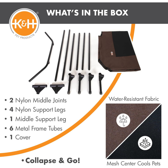 Охолоджуване собаче ліжко K&H Pet Products з піднятим бортиком для вулиці, з дихаючою сіткою, неслизькими гумовими ніжками, портативне (Шоколад/Чорна сітка, L 142 x B 97 x H 23 см)