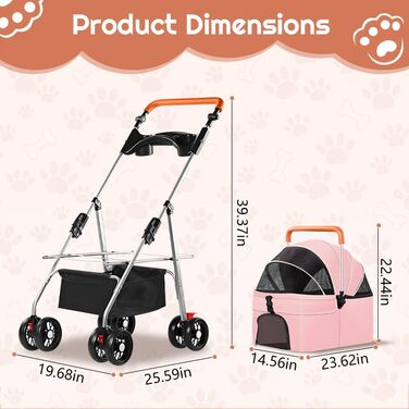 Дитяча коляска для домашніх тварин Simcat: для собак та котів, складна, з колесами на 360°, рожева