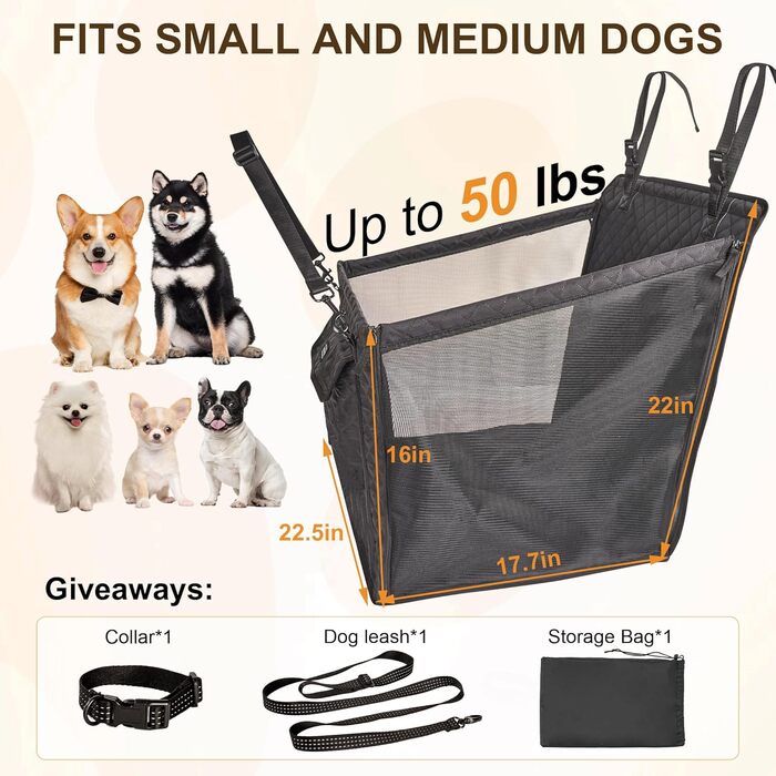 Автомобільний сидіння для собак середніх порід до 22 кг, складаний, водовідштовхувальний, з ременем безпеки та антиковзною основою