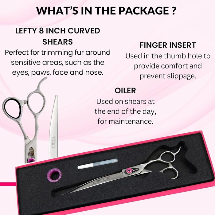 Кенчійська ножиця для лівшів Kenchii, 20.3 см, вигнута ножиця для грумінгу собак, Love Collection, аксесуари для догляду за тваринами, ножиці для стрижки шерсті 8' Curve Lefty