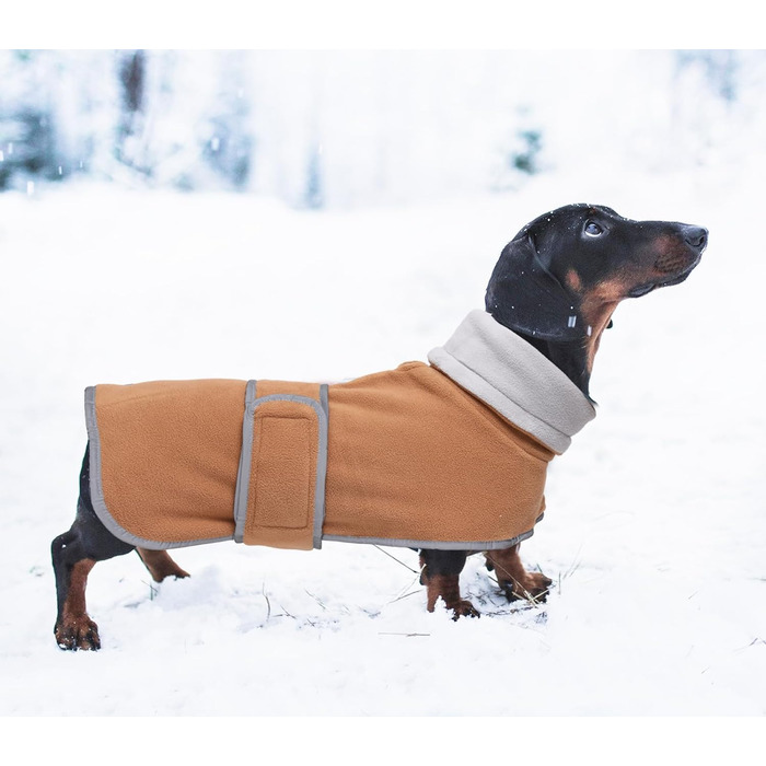 MOREZI Зимова куртка для собак, утеплена, з регульованим кріпленням на липучці та відкидним коміром. Підходить для такс та собак середніх розмірів, коричнева, розмір S (довжина спини: 36-38 см)