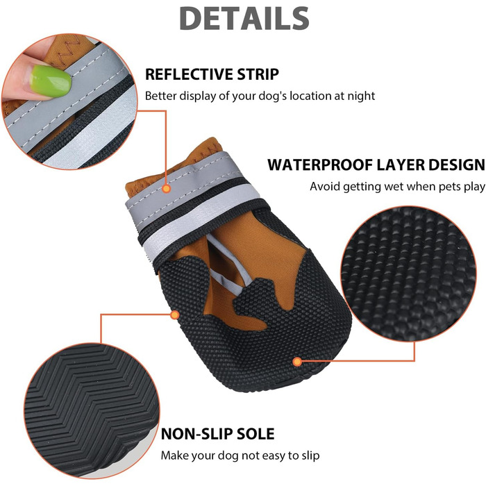 Чоботи для собак REESTBOO: захист лап, 4 шт., водонепроникні, антиковзні, з відбиваючим ремінцем, на липучці, для великих собак, (S, Коричневий)