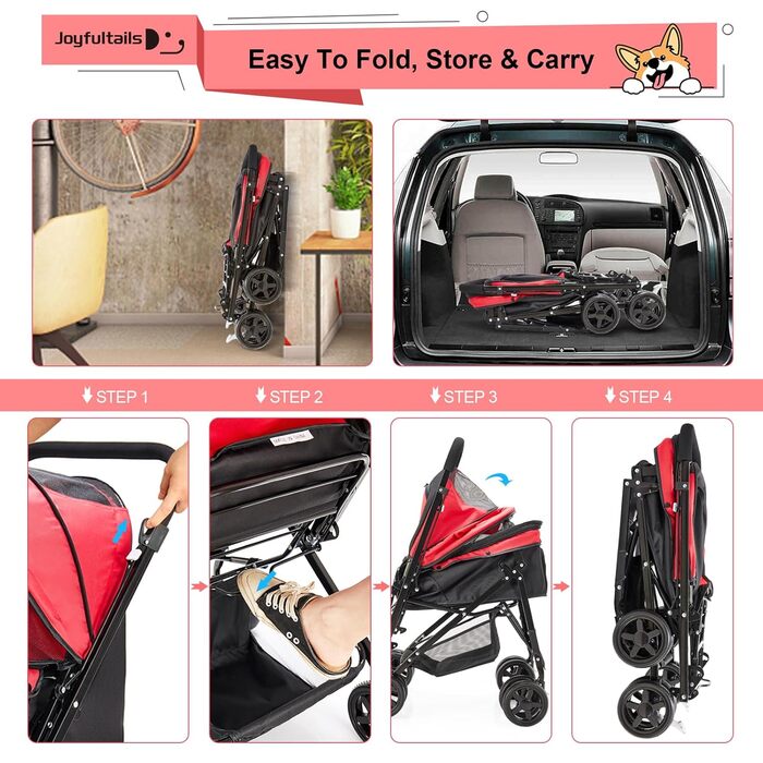 Складаний візок для собак та котів до 20 кг, червоний