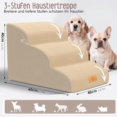 Сходинки для собак, 4 сходинки, знімний поручень, неслизьке покриття, для ліжка та дивану, з високощільним губчастим наповнювачем (3 сходинки, бежевий)
