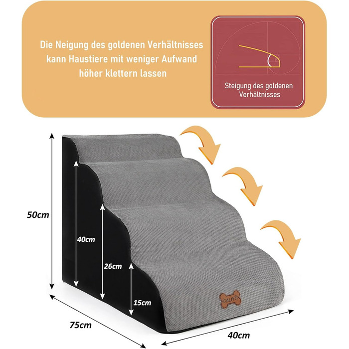 Сходинки для собак Caliyo: 2 сходинки, для маленьких собак та котів, 26 см, знімний чохол та протиковзка підставка, для ліжка, дивану та авто (55×40×26cm), сірі
