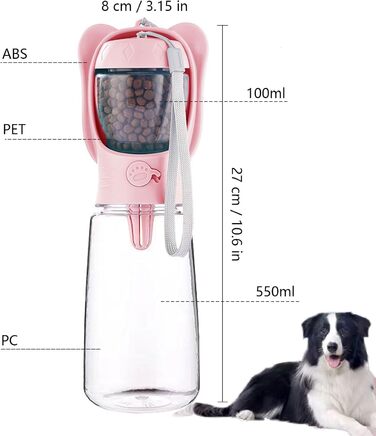 ДомКім портативна пляшка для води та корму для собак, 550 мл, рожева - для прогулянок, подорожей, цуценят