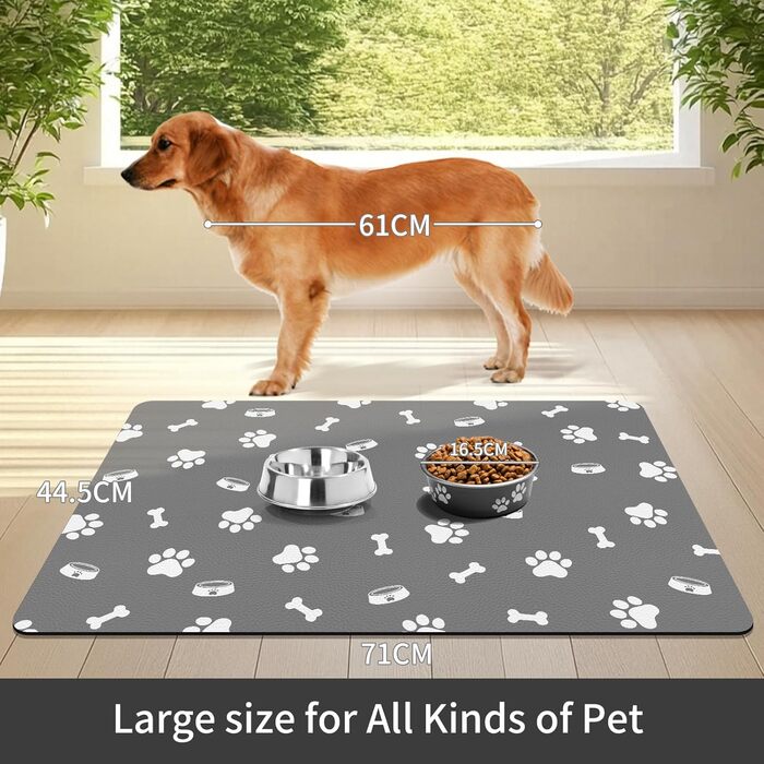 Підкладка для годівлі домашніх тварин – вбираюча підкладка під миски для їжі та води, без плям, швидковисихаюча (Світло-сіра з багатьма лапами, 40 x 60 см)