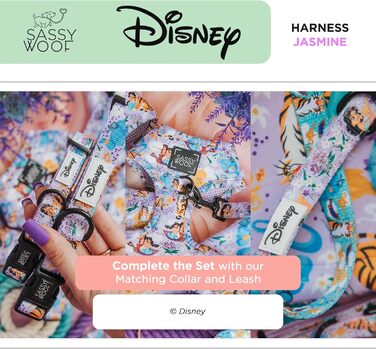 Регульована шлейка для собак Sassy Woof Disney Принцеса Жасмін, L, дихаюча сітка, не тягне, 2 D-кільця, для великих собак, офіційна ліцензія