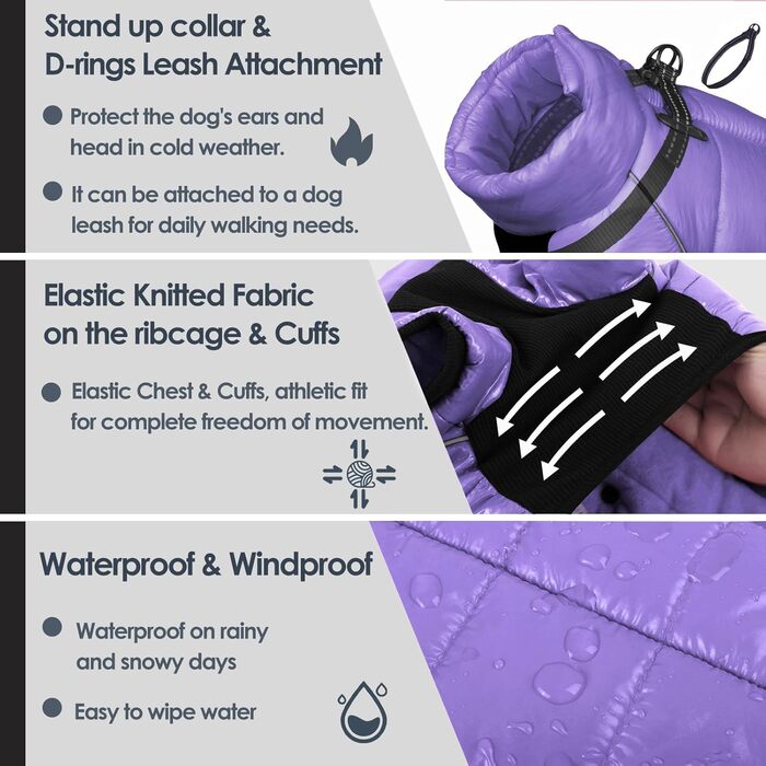Водонепроникний зимовий теплий одяг для собак AOFITEE, куртка для маленьких та середніх собак, вітрозахисний зимовий одяг з світловідбиваючими смугами та блискавкою, комбінезон для собак з флісом, колір: фіолетовий