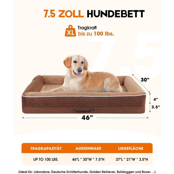 Ортопедичний лежак для собак XL, кошик для собак, що можна прати, з піною у формі яйця, водовідштовхувальний диван для собак з неслизьким дном та чотиристоронніми подушками (світло-коричневий, 117x76x19 см)