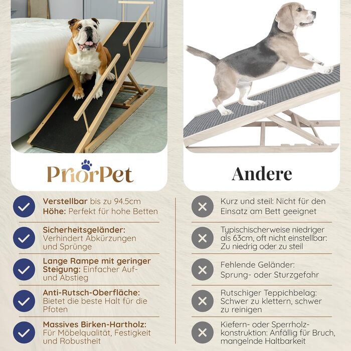 Сходинки для собак PRIORPET з берези з захисним бар'єром - регульована висота до 94.5 см - складаються - антиковзні ручки - для маленьких собак до 23 кг - коричневий (натуральний)