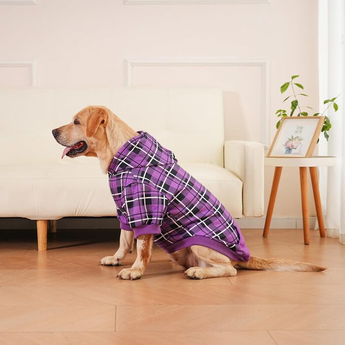 Пуловер з капюшоном для собак ExPawlorer у британському стилі з візерунком, теплий одяг для собак з отвором для повідка, підійде для собак різних порід (Пітбуль), зимовий одяг для цуценят, дівчаток та хлопчиків, котів, рожевий (XX-Large, фіолетовий)