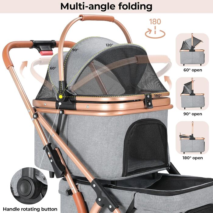 MAMIZO Подвійний візок для собак, переноска для тварин до 15 кг, складний двоярусний візок для собак, котячий візок на 2 яруси з 4 зносостійкими колесами PU, переносна сумка для собак (Сірий)