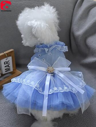 Сукня-тьюль для котів, мереживна, блакитна, середнього розміру (для дівчаток)