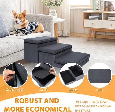 Сходинки для собак з місцем для зберігання, 2 сходинки, складані, широка пандус для домашніх тварин, неслизькі сходи для собак, драбина для домашніх тварин, сходи для собак та котів маленьких та великих порід, темно-сірий 60×40×30 (квадрат)