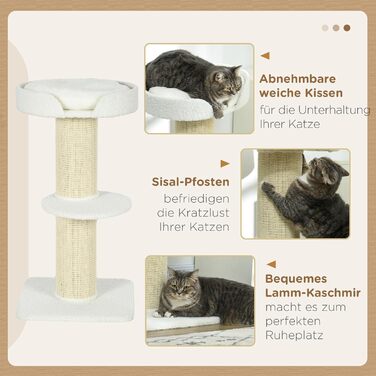 Кігтеточка для котів PawHut, 91 см, з лежаком, ігровою платформою та стовпчиком, для котів до 5 кг, сизаль і штучна овеча шерсть, кремово-біла