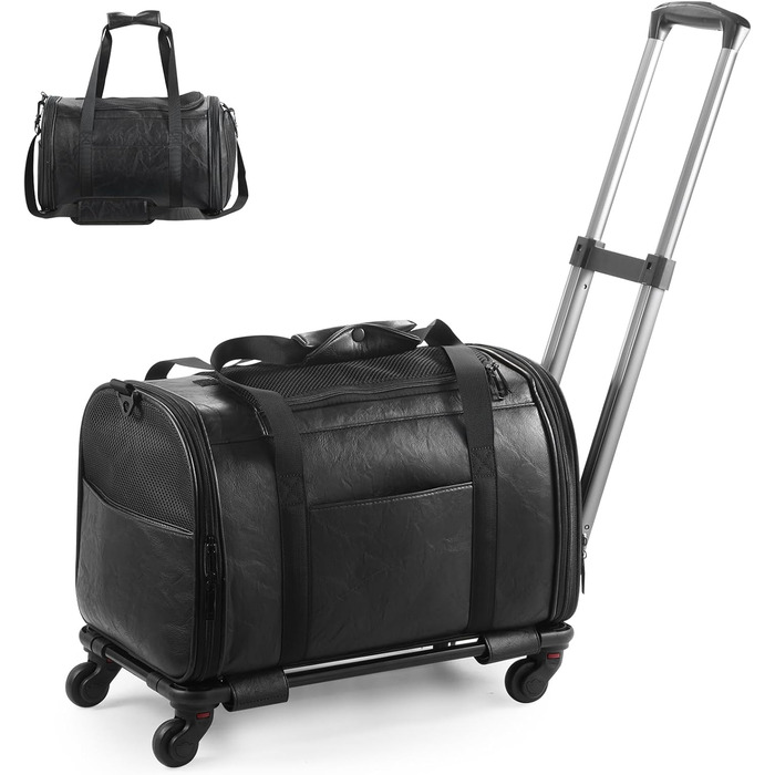 Сумка-переноска для тварин з екошкіри на колесах, для собак та котів до 6,8 кг, підходить для авіаперельотів, кемпінгу (чорна)