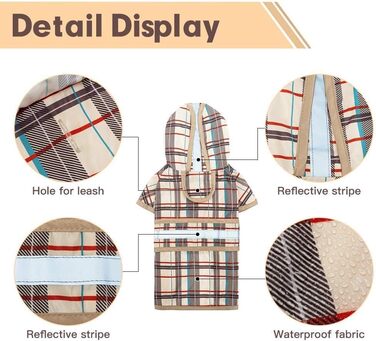 Дощовик для собак Kooltail з капюшоном, для малих та середніх собак, водонепроникний, з світловідбиваючими смугами, регульований, дихаючий, бежевий в клітинку