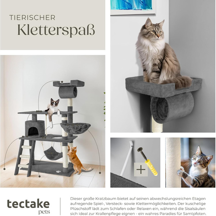 Котячий дряпак tectake 141 см, ігровий комплекс для котів з будиночком, гамаком, іграшкою, драбинкою, сірий, плюш та сизаль, широкий
