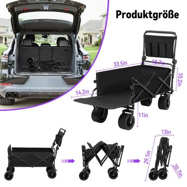 Візок для собак до 50 кг, розкладний, чорний - без даху. Візок-будка з безкамерними шинами для бездоріжжя, регульованою ручкою та заднім отвором для зручного завантаження. Підходить для великих та літніх собак, після операцій.