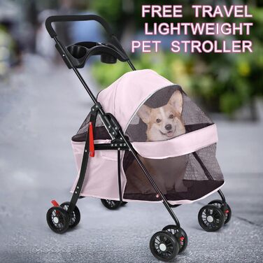 Дитяча коляска для домашніх тварин на 4 колесах для собак та котів, складана, з тримачем для напоїв, дихаючим сітковим вікном, портативна переноска для тварин (Рожева)